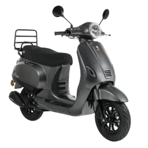 Matgrijze retro scooter met ronde koplamp, zwarte zitting en achterdrager, zijaanzicht.