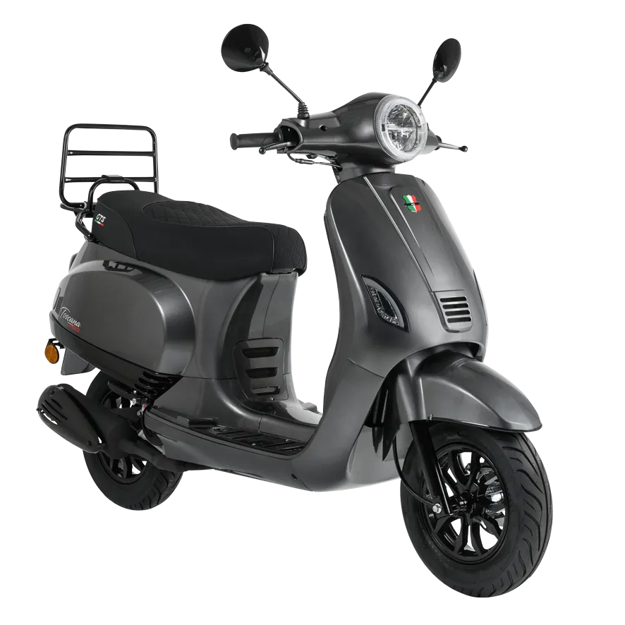 Matgrijze retro scooter met ronde koplamp, zwarte zitting en achterdrager, zijaanzicht.