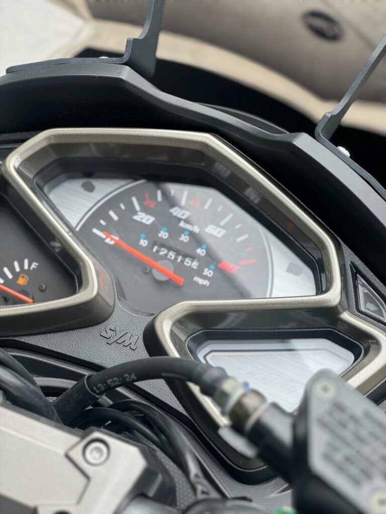 Close-up van het instrumentenpaneel van een SYM-motor, met snelheidsmeter en brandstofmeter.