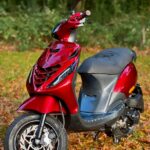 Rode scooter geparkeerd op herfstbladeren in een bosrijke omgeving.