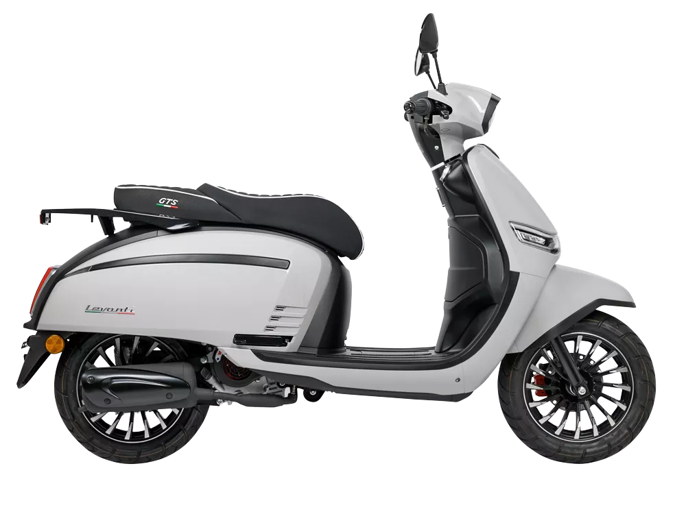 Zijaanzicht van een moderne grijze scooter met LED-verlichting en zwarte velgen.