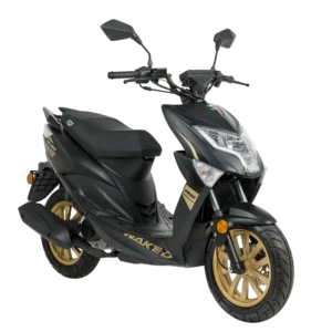 Matzwarte sportieve scooter met gouden velgen, zijaanzicht op witte achtergrond.