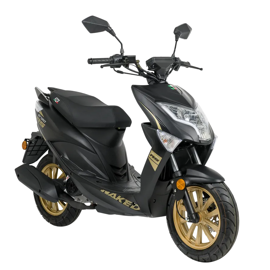 Matzwarte sportieve scooter met gouden velgen, zijaanzicht op witte achtergrond.