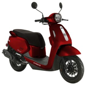 Rode Kymco Filly scooter met zwart zadel, twee spiegels en moderne koplamp, schuin van voren.