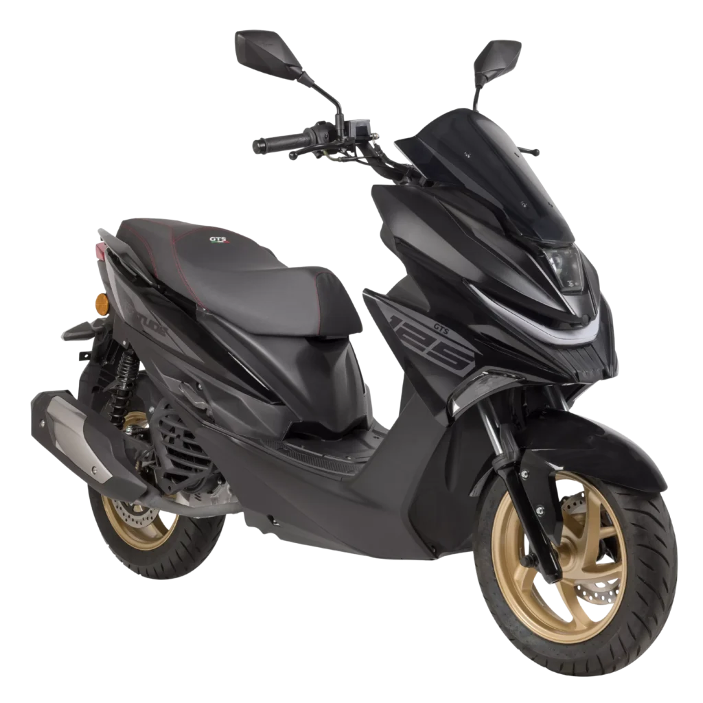 Strakke zwarte motorscooter met sportieve lijnen, gouden velgen, windscherm en LED-koplamp.