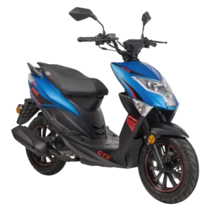 Blauw-zwarte sportieve scooter met rode accenten, driekwart zijaanzicht op witte achtergrond.