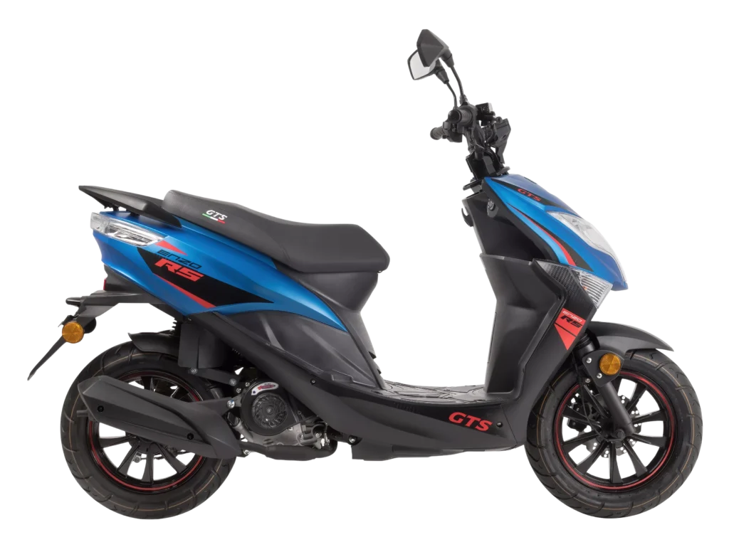 Blauw-zwarte sportieve scooter GTS Enzo RS, zijaanzicht naar rechts op witte achtergrond