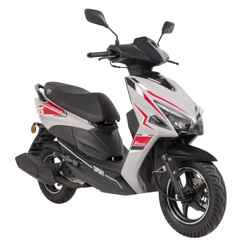 Witte sportieve scooter met rode accenten, zijaanzicht op witte achtergrond.