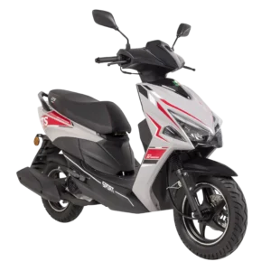 Witte sportieve scooter met rode accenten, zijaanzicht op witte achtergrond.