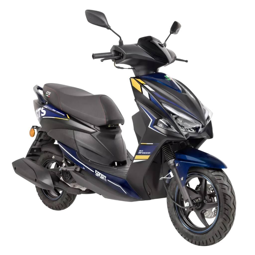 Sportieve blauw-zwarte scooter met scherpe lijnen en LED-koplampen, schuin vooraan gezien.