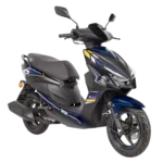 Sportieve blauw-zwarte scooter met scherpe lijnen en LED-koplampen, schuin vooraan gezien.