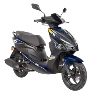 Sportieve blauw-zwarte scooter met scherpe lijnen en LED-koplampen, schuin vooraan gezien.