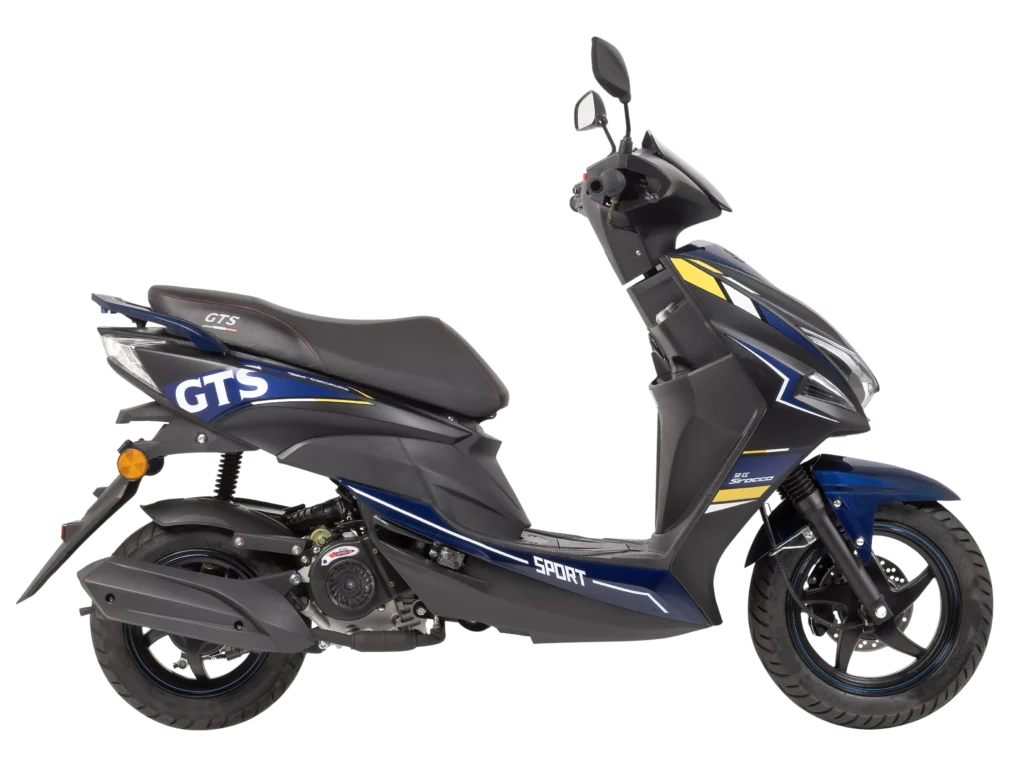 Zijaanzicht van een blauw-zwarte sportieve GTS-scooter met spiegels op witte achtergrond.