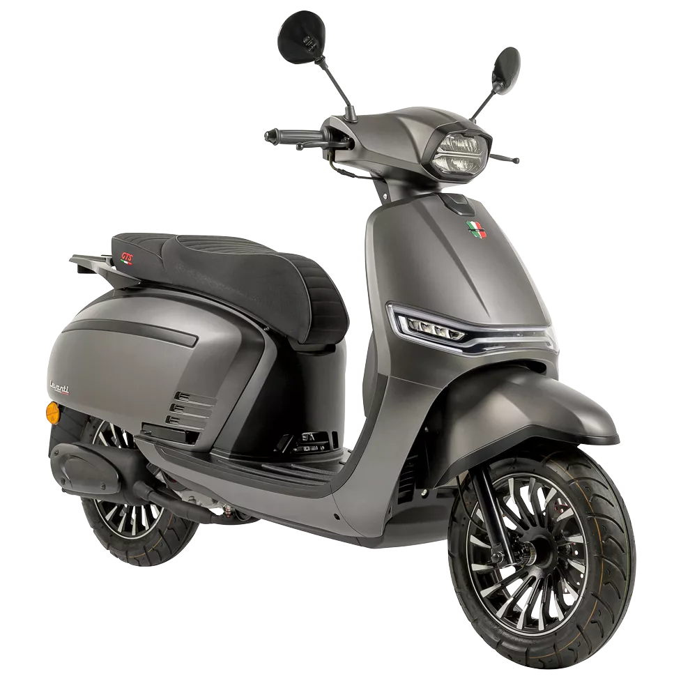 Matgrijze retro-stijl scooter met LED-verlichting en spaakvelgen, vrijstaand op witte achtergrond.