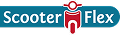 Logo van ScooterFlex met rood scootersymbool en witte tekst op blauwe achtergrond.