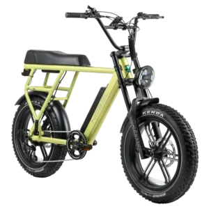 Limegroene fatbike e-bike met brede Kenda-banden, lang zadel en ronde koplamp