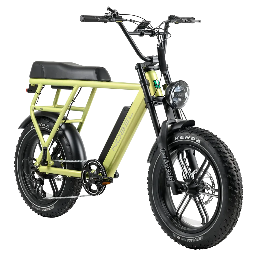 Limegroene fatbike e-bike met brede Kenda-banden, lang zadel en ronde koplamp