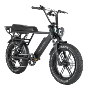 Zwarte fatbike e-bike met lange zadelbank, dikke Kenda-banden en ronde LED-koplamp.