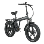Zwarte opvouwbare elektrische fatbike met dikke banden, bagagedrager en koplamp.
