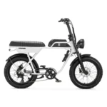 Witte retro e-bike met dikke banden, lang zadel en koplamp, zijaanzicht tegen witte achtergrond.