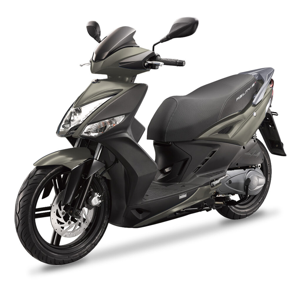 Matgrijze sportieve scooter met schijfrem, zij-aanzicht op witte achtergrond.