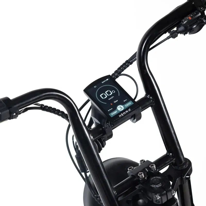 Close-up van het LCD-display op het stuur van een e-bike met snelheid en tripmeter zichtbaar.