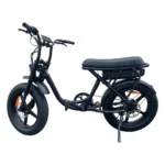 Zwarte elektrische fatbike met lang zadel en dikke banden, zijaanzicht op witte achtergrond.