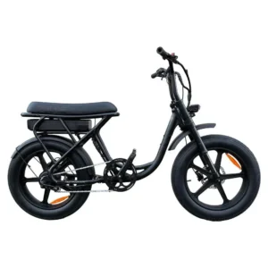 Zwarte elektrische fatbike met dikke banden, lang zadel en accu onder het zadel, zijaanzicht op wit.