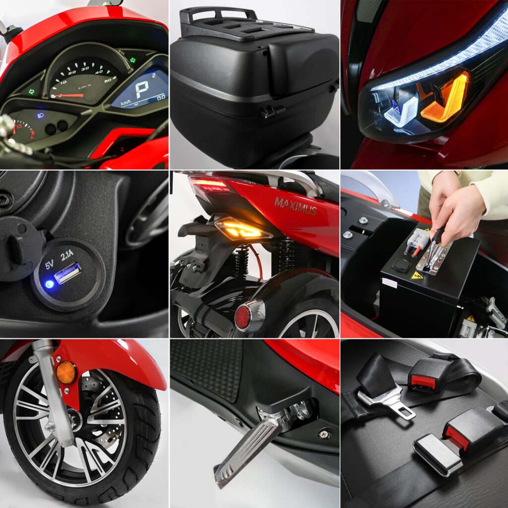 Collage met details van een rode e-scooter met drie wielen: dashboard, koffer, LED-lampen, USB-poort, accu, voetsteun.