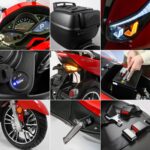 Collage met details van een rode e-scooter met drie wielen: dashboard, koffer, LED-lampen, USB-poort, accu, voetsteun.