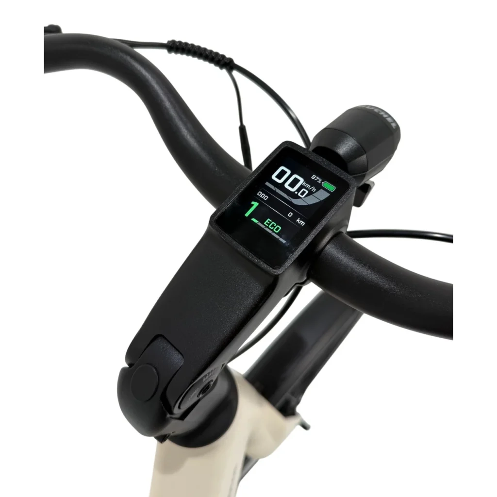 Stuur van een e-bike met kleurendisplay dat snelheid, accuniveau en ECO-stand toont.