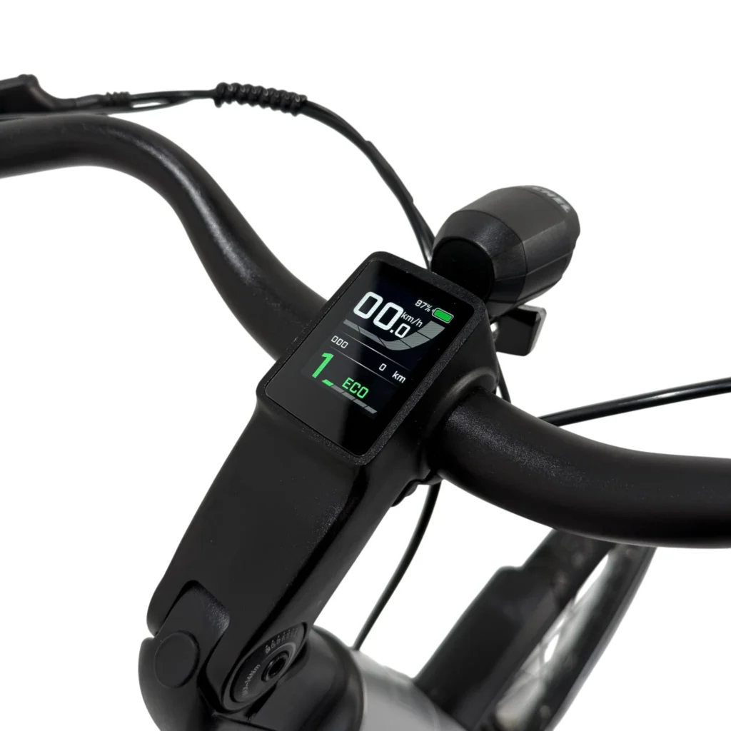 Close-up van e-bike stuur met kleurendisplay, snelheid 0 km/u, accuniveau en ECO-stand zichtbaar.