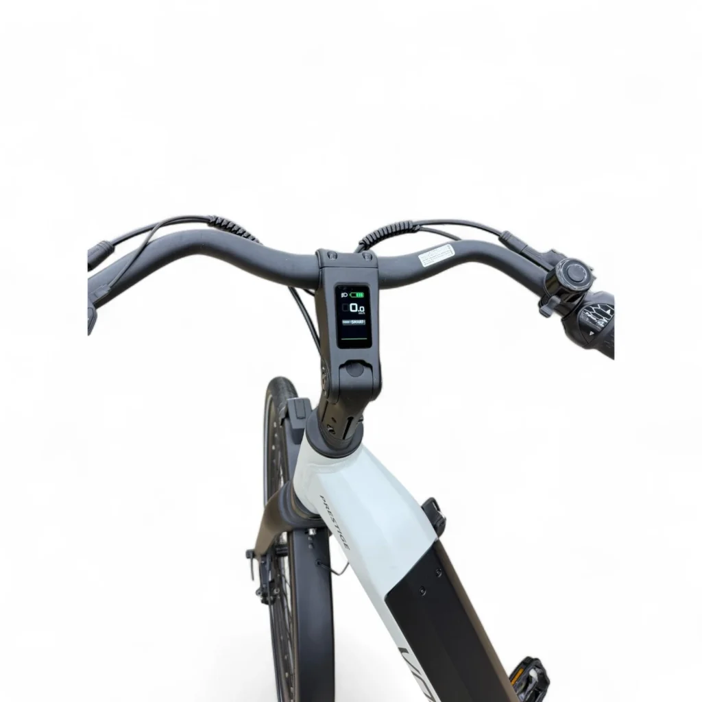 Close-up van het e-bikestuur met digitaal display op de stuurpen, tegen een witte achtergrond.