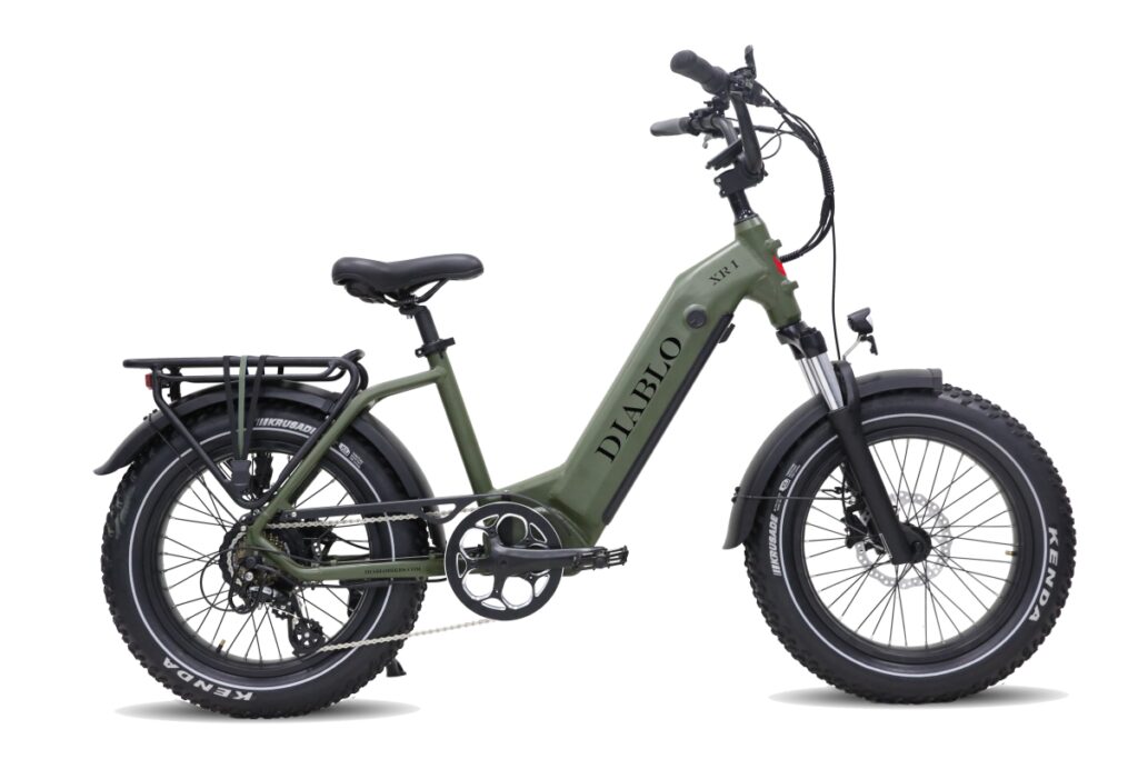 Groene elektrische fatbike met lage instap, voorvering, schijfremmen en bagagedrager, zijaanzicht.