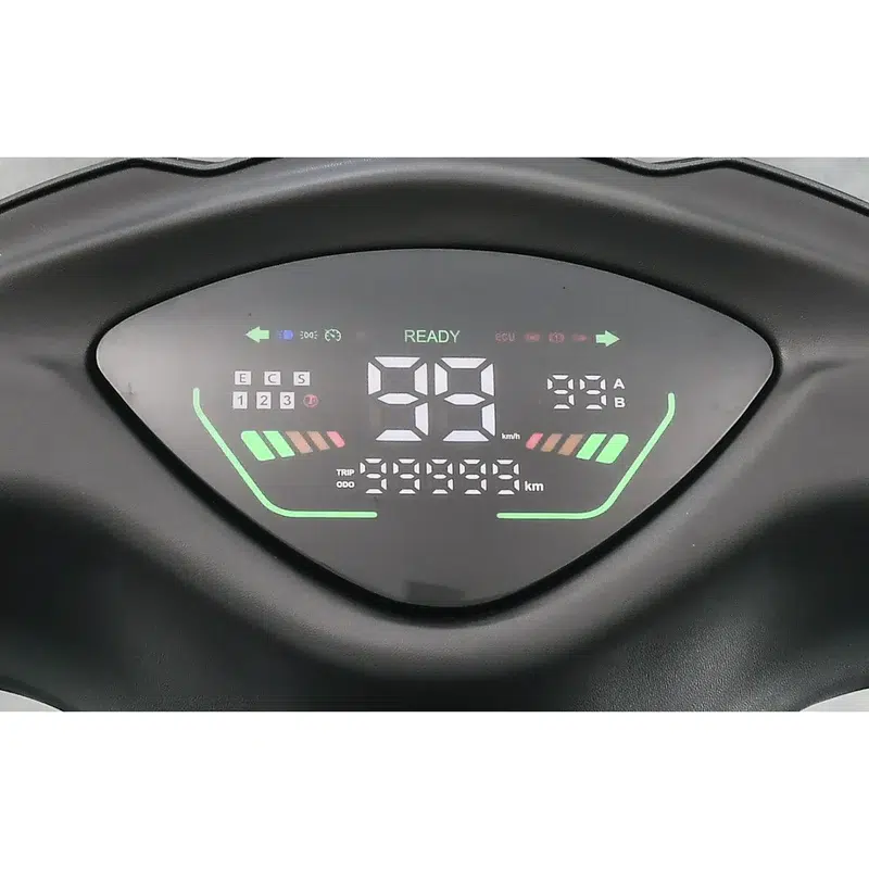 Digitaal LCD-dashboard van een elektrische scooter met snelheidsmeter, rijmodus en batterij-indicatoren.