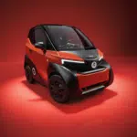 Rood-zwarte elektrische microauto in een studio met rode achtergrond en strakke LED-koplampen.