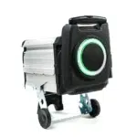 Draagbare industriële luchtreiniger op trolley met groen verlichte ring en handgreep