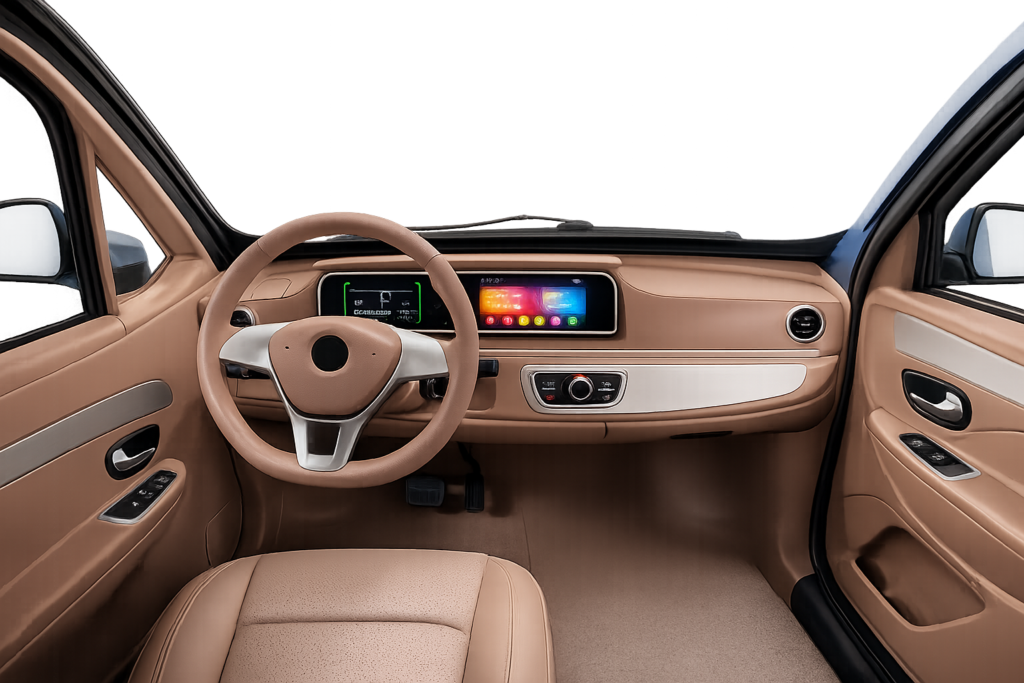 Modern beige auto-interieur met stuur, digitaal dashboard en touchscreen.
