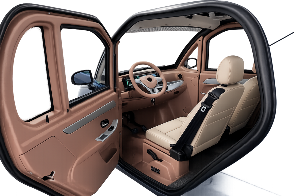 Openstaande deur onthult beige interieur met stuurwiel, digitale meters en stoel van compacte auto.