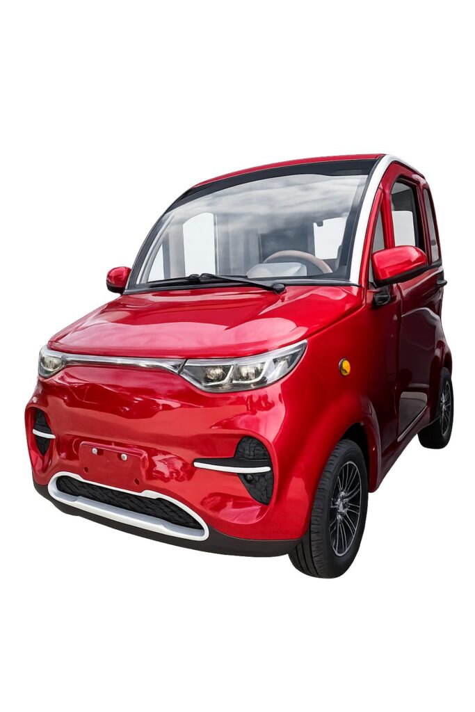 Rode compacte elektrische microauto, vooraanzicht, geïsoleerd op witte achtergrond.