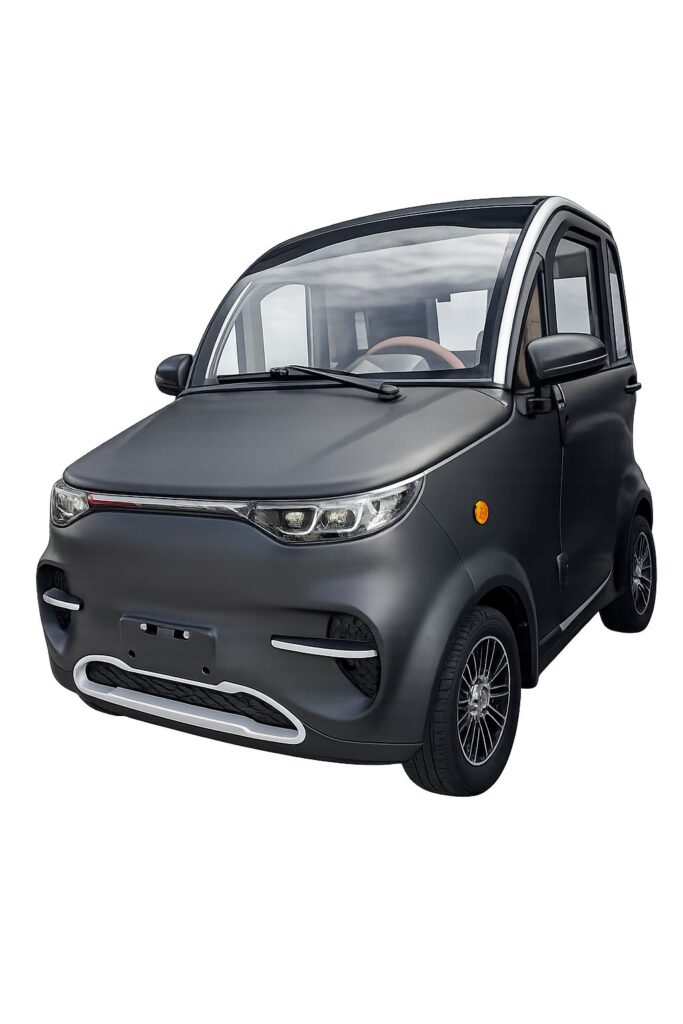 Zwarte compacte elektrische stadsauto in studioweergave op witte achtergrond.