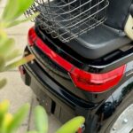 Achterkant van een zwarte scootmobiel met rood achterlicht en metalen bagagemand, plant op voorgrond.