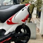 Close-up van de achterkant van een witte en rode scooter (Beta), geparkeerd naast een plantenbak.